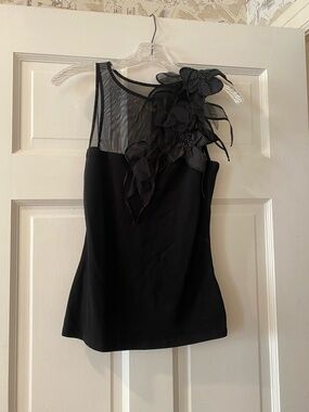 Anne Fontaine. Black t-shirt knit cami with silk flowers. Sz. 36/ XS
